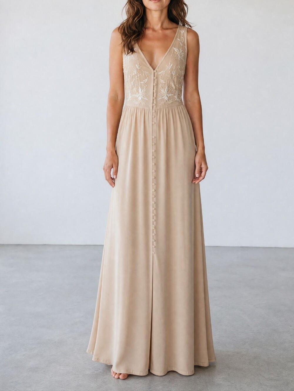 Together Blush Beige Embroidered V‑Neck Formal Dress